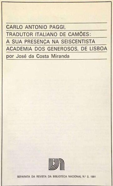 Carlo Antonio Paggi, Tradutor Italiano de Camões: a sua presença na seiscentista Academia dos Generosos de Lisboa