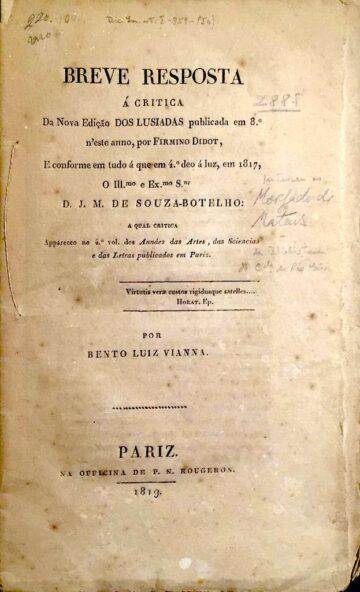 Breve resposta à crítica da nova edição dos Lusíadas publicada em 8.º neste ano e conforme em tudo à que em 4.º deu à luz em 1817